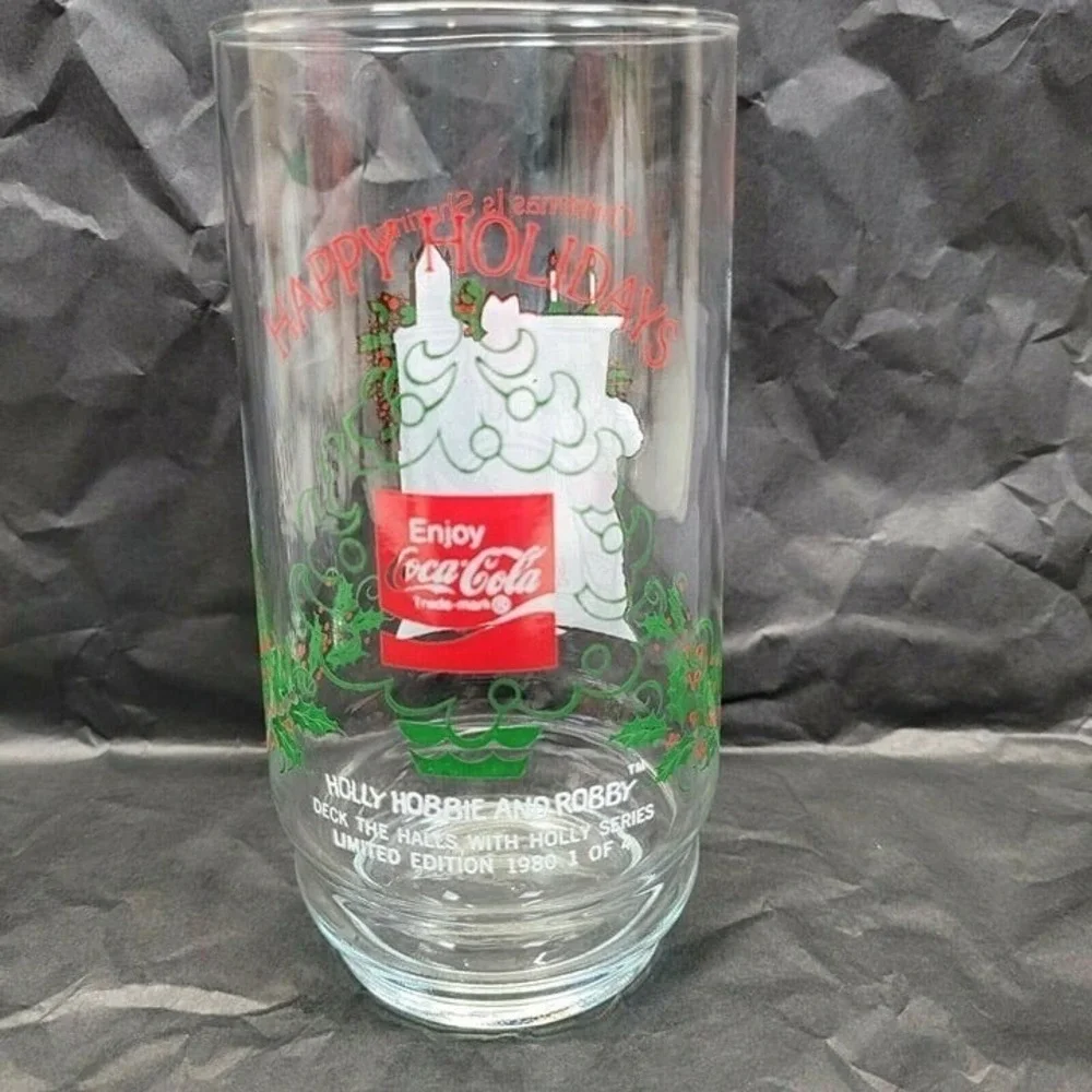 Coca-Cola Drinking Glass 16oz 1980 Holly‎ Hobbie Christmas Is Sharing 1 of 4